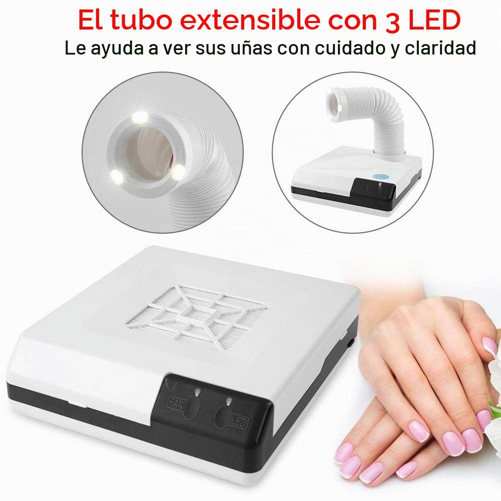 6W 2 En 1 Aspirador de Polvo de Uñas con Tubo Elástico Retráctil, Extractor de Polvo de Uñas, Colector de Polvo de Uñas Profesional, Limpiador de Polvo Mejorado para Uñas/Manicura/Arte de Uñas