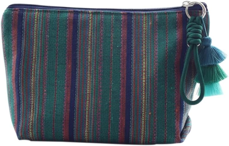Boho Striped Cosmetic Bag with Tassel Travel Makeup Pouch Ethnic Fabric Zipper Toiletry Bag for Women (Green)