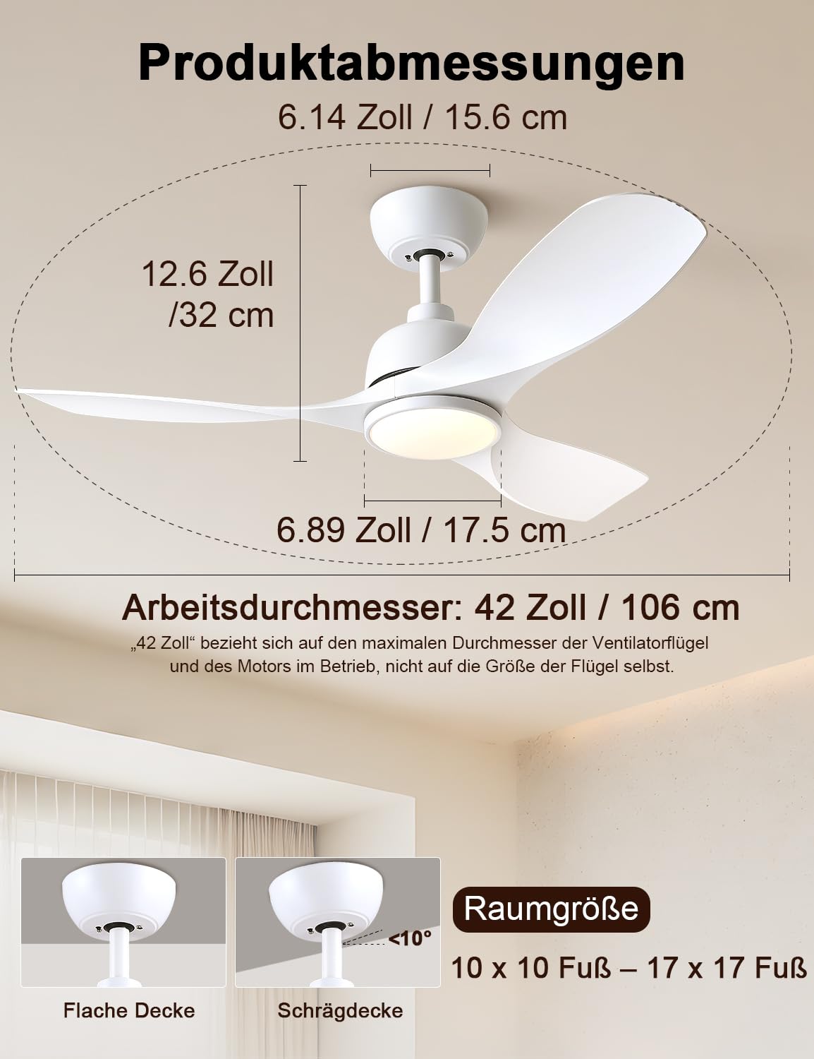42-Zoll Weiß Deckenventilator mit Beleuchtung Outdoor Leise, Deckenventilator und Fernbedienung für den Außenbereich, Deckenventilator für Schlafzimmer und Wohnzimmer