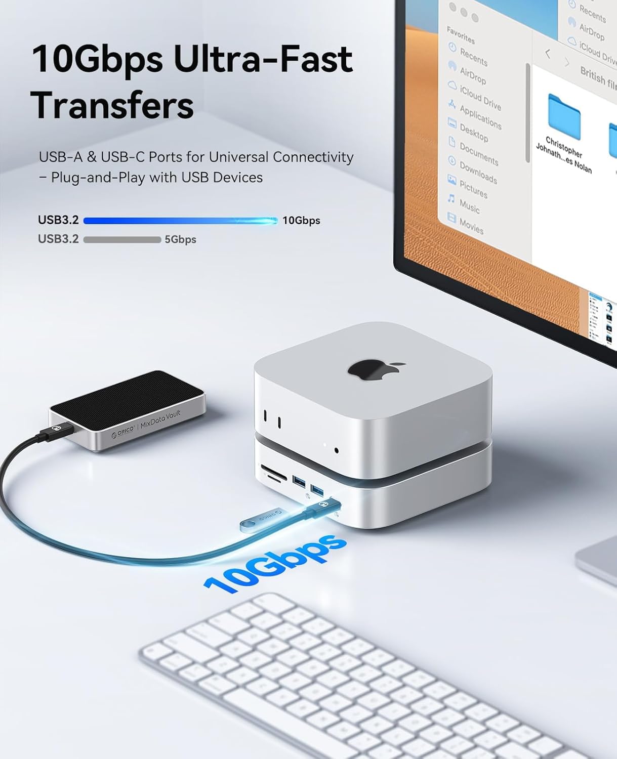 ORICO MiniLink Mac mini M4 Dock & Stand, 2 × 10Gbps USB 3.2 Ports, 10Gbps USB C, USB A 3.0, 2.5G Ethernet Port, SD/TF, 3.5mm Headphone & Microphone Jacks, Compatible with Mac mini M4/M4 Pro (M48PR)