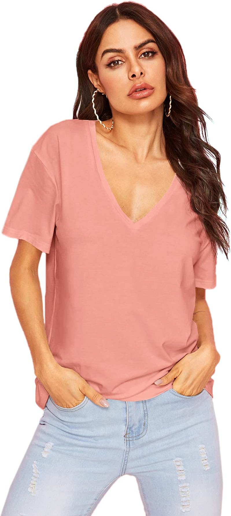 Women's Summer Teen Basic V Neck Short Sleeve Loose Casual Tee T-Shirt Top