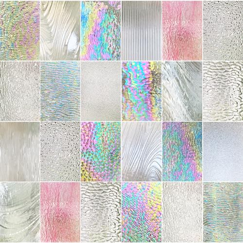 ILLUCKAI 24 Sheets Clear Textured Stained Glass Sheets Variety Pack 4 X 6 inch Iridescent Cathedral Art Glass for Crafts Stained Glass Supplies for Stained Glass and Mosaic Projects