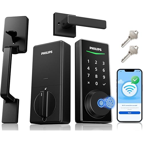 Philips WiFi Smart Lock + Door Handle Set, Built-in WiFi, APP Remote Control, Fingerprint & Voice Unlock, Smart Locks for Front Door, Digital Keypad Deadbolt with Handle Set, Keyless Entry, Auto Lock