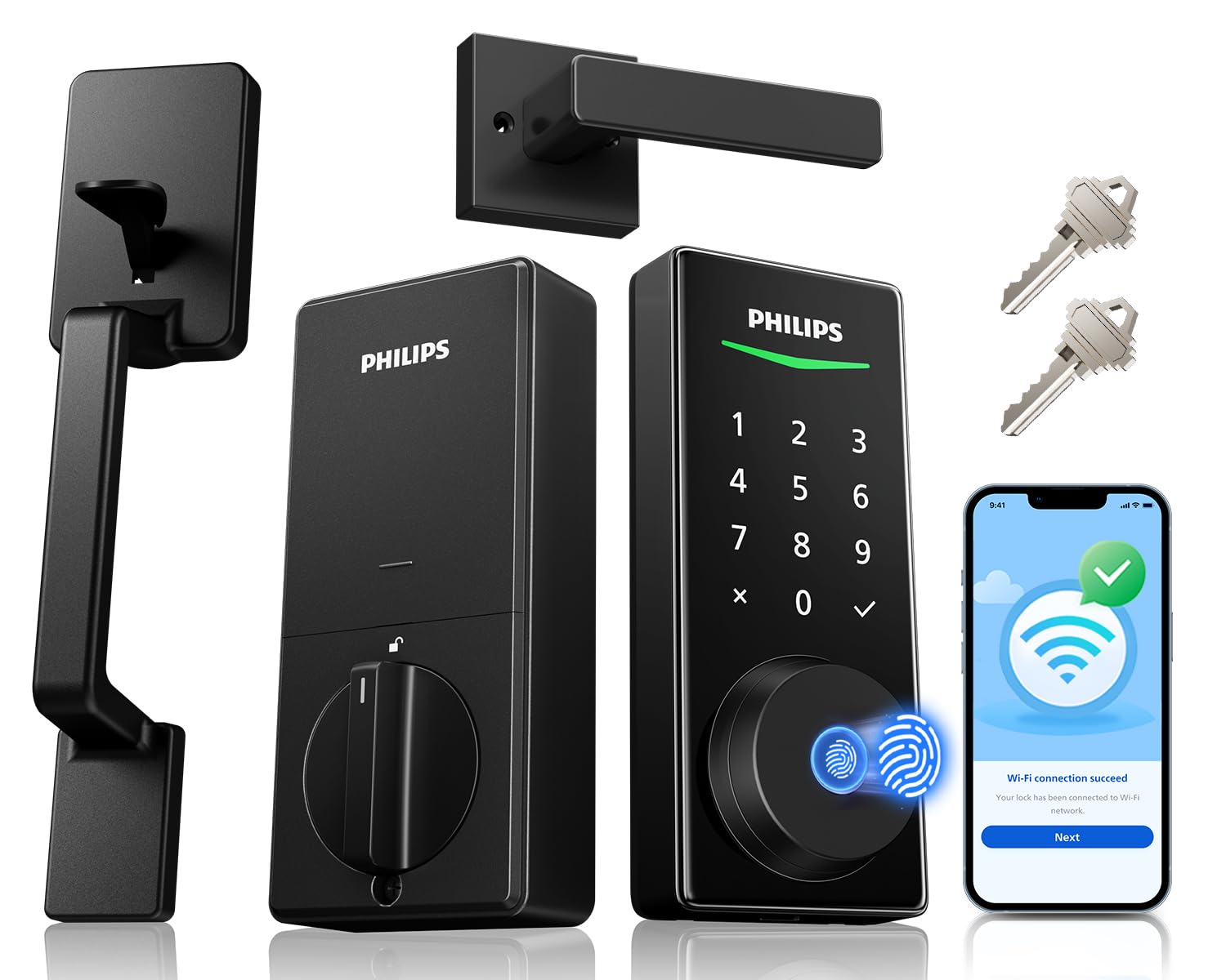 Philips WiFi Smart Lock + Door Handle Set, Built-in WiFi, APP Remote Control, Keypad Door Locks for Front Door, Fingerprint Unlock, Voice Control, Dig