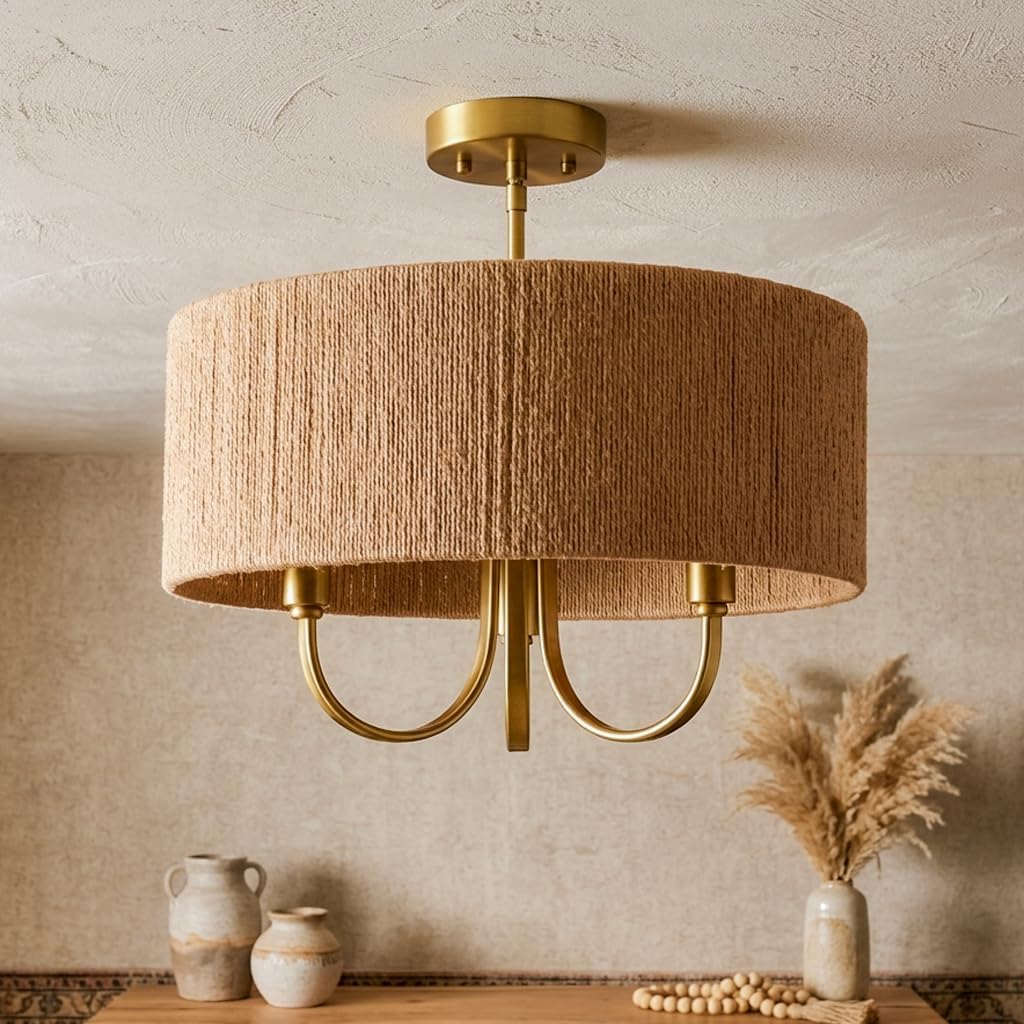 Maxax 17.5" Boho Ceiling Light Fixture, Rattan Semi Flush Mount Chandelier with 3 Light Gold Base, Wood-Tone Wicker Lampshade, 60W