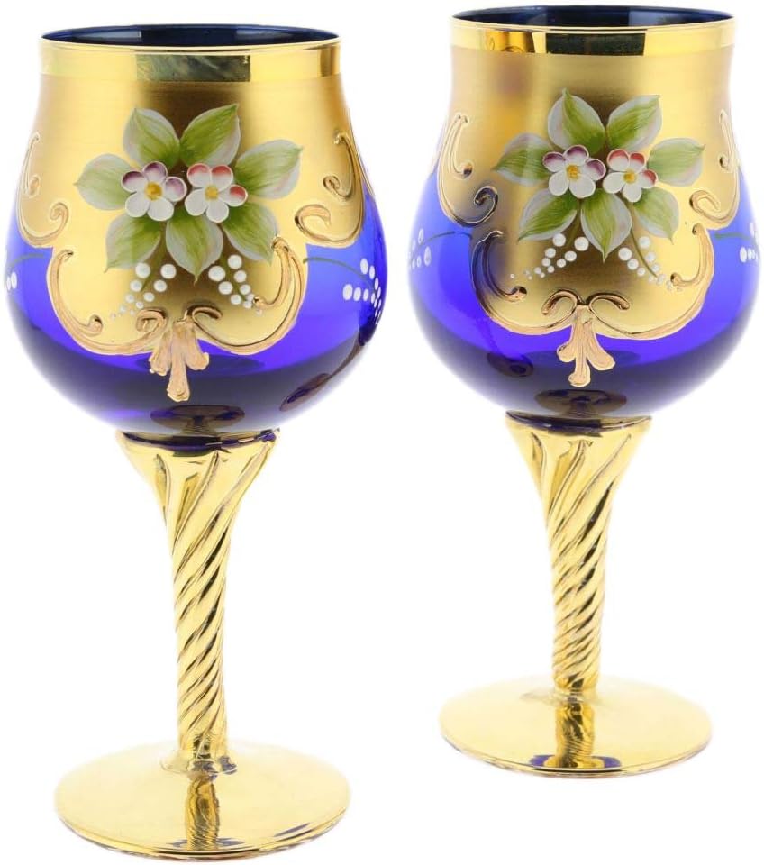 Glass Of Venice Set of Two Murano Glass Wine Glasses 24K Gold Leaf - Blue