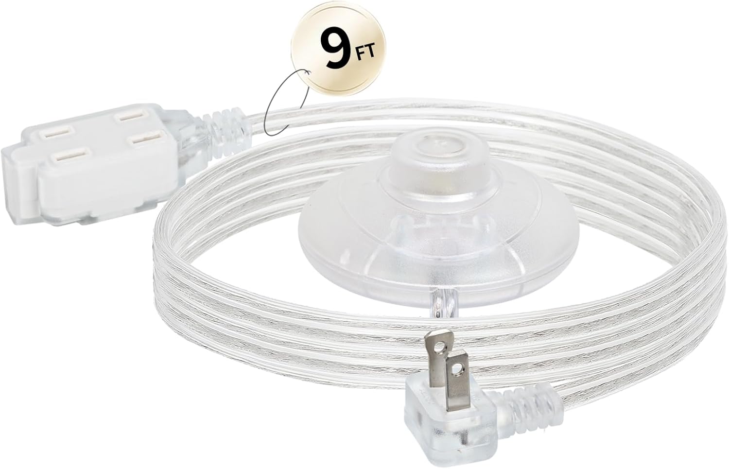 9 Ft Clear Extension Cord Indoor Thin with Foot Switch, 3 Outlets Extension Cord with Switch, Flat Plug Clear Extension Cords for Holiday Christmas Tree Lights, UL-Certified, 7A/125V, 18 AWG(1 Pack)