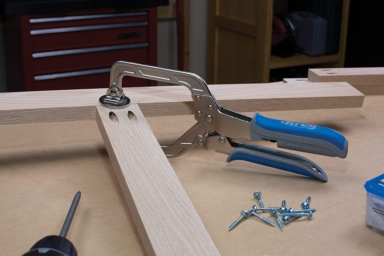 Kreg Pocket-Hole Jig 720PRO with a workpiece clamped and ready for drilling