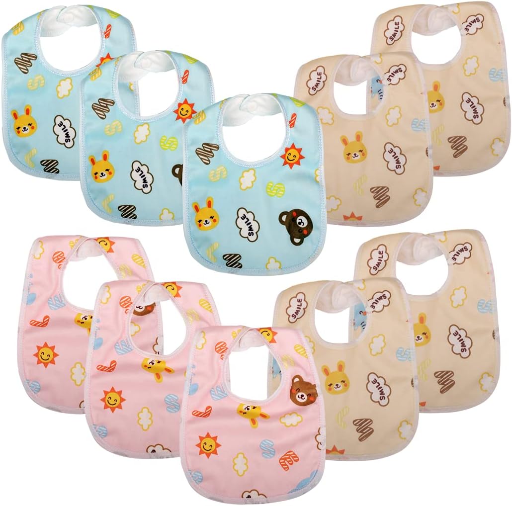10 Pack Waterproof Dribble Bib Snap Button Soft Absorbent Fabric for Drooling, Teething (Blue, Pink, Yellow)