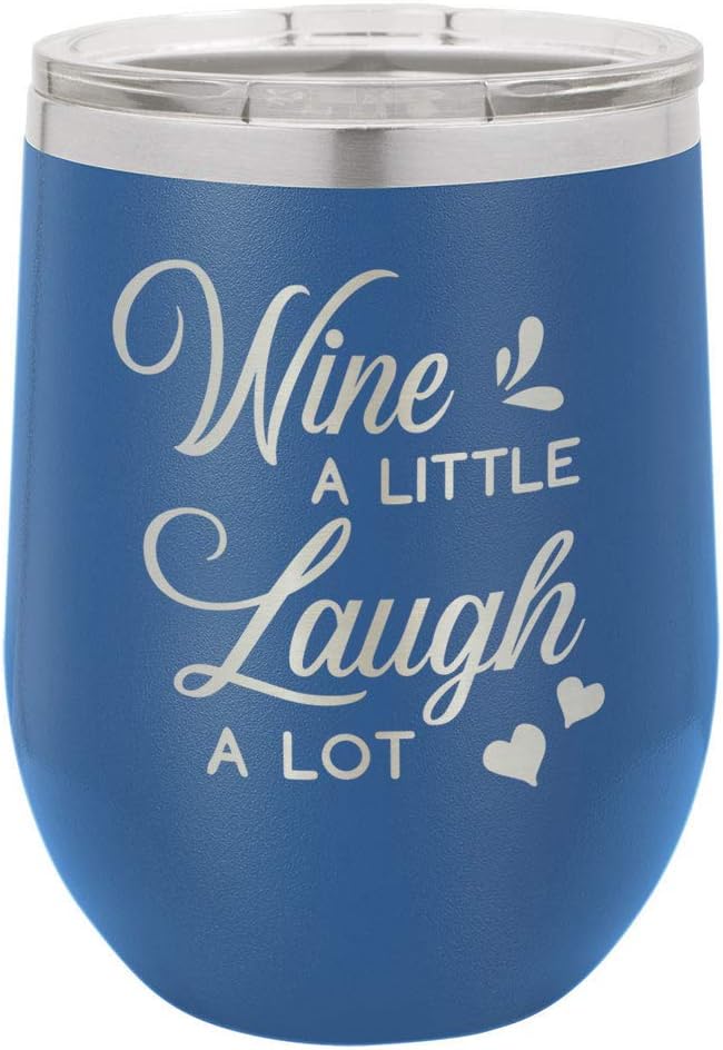 WINE A LITTLE LAUGH A LOT Blue 12 oz Stemless Wine Glass With Lid | Custom Engraved With Funny Quotes and Sayings | Stainless Steel Wine Tumbler | OnlyGifts.com