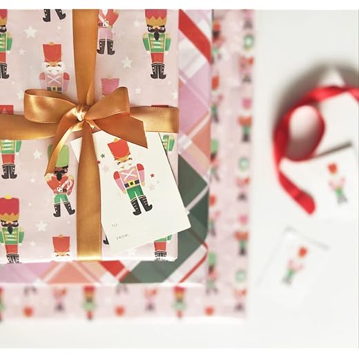 Pink Christmas Wrapping Paper Set w/ 6 - 27" x 39" flat sheets, 9 Christmas Gift Tags & Ribbon - Christmas Wrapping Paper for girls - Nutcracker Wrapping Paper Sheets + Plaid wrapping paper. Christmas Bundle for Holiday