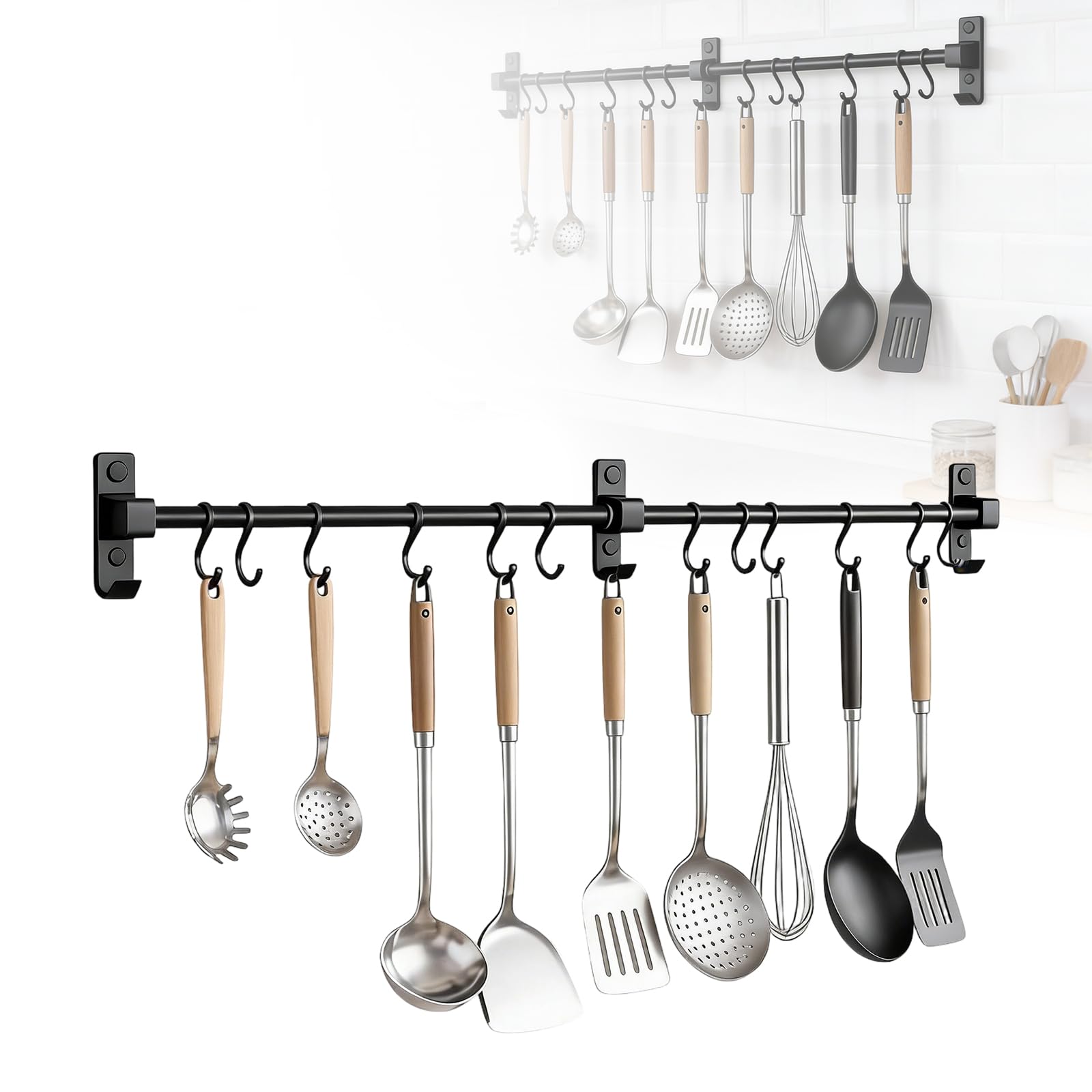 Stange für Küchenutensilien 80 cm, Hakenleiste Küche Aluminium mit 12 Beweglichen Haken Küchenleiste Küchenstange für Aufhängen von Schneidebrettern Löffeln Scheren, Schwarz