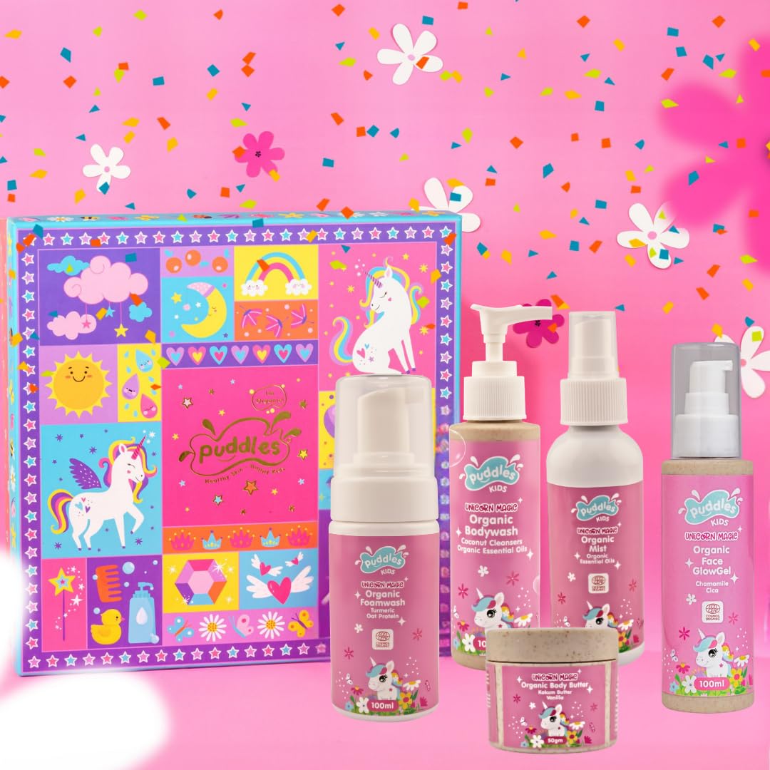 Puddles Organic Celebration Gift Box For Kids | Set of 5 | Unicorn Magic - Age 2+ Years | Turmeric, Wheat protein Chamomile, Oat Protein, Almond Oil | Tear-Free, pH Balanced-image-28