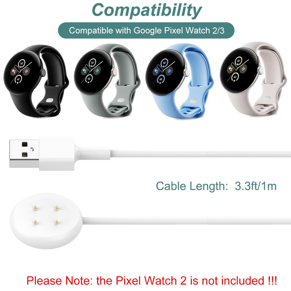 Kissmart Charger for Google Pixel Watch 2/3 Smartwatch (White) | Magnetic USB Charging Cable Cord for Pixel Watch 2/3 Smart Watch (3.3ft/1m)