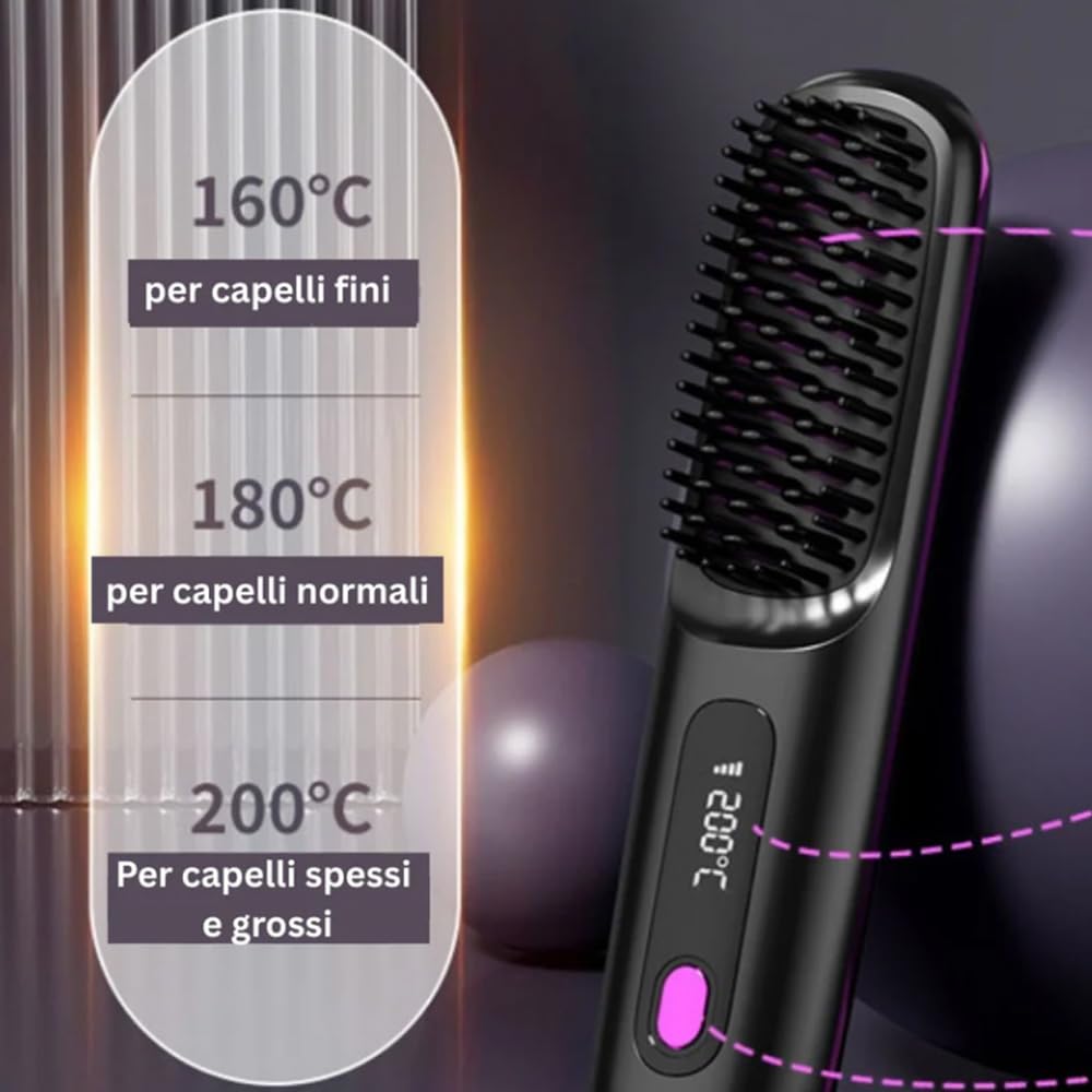 Alegra Heating Brush, Wireless Hot Styling Brush with 3PX Ceramic Bristles, 3 Temperature Levels, Anti Scald, Lasting Volume for Pixie, Bob and Fringes (Black)