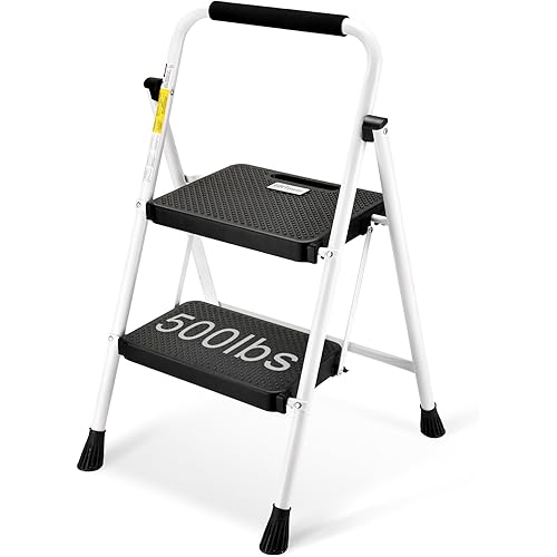 HBTower 2 Step Ladder, Step Ladder Folding with Anti-Slip Wide Pedals, Sturdy Step Stools for Adults with Handrails