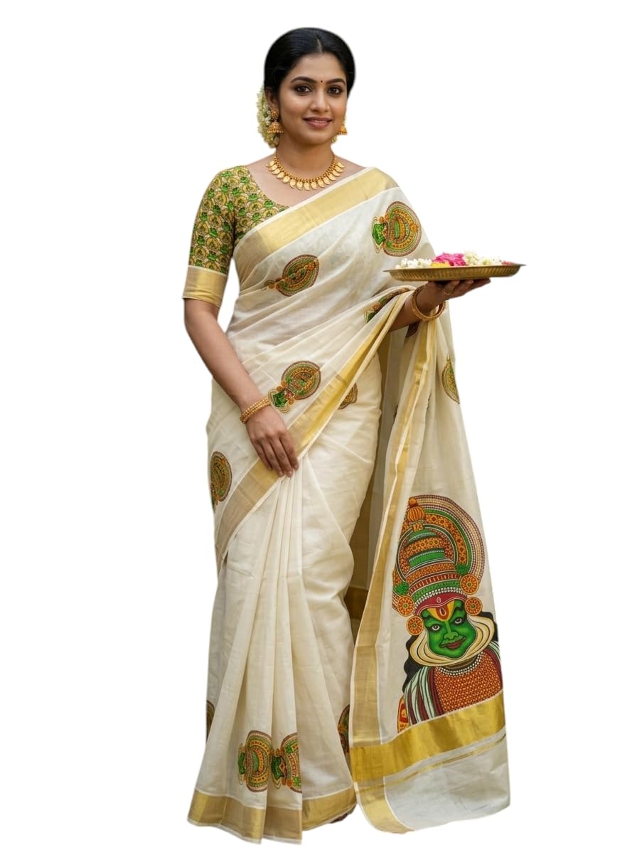 Kerala Onam Kathakali Tissue Mural Painting Saree with Blouse-picture-42