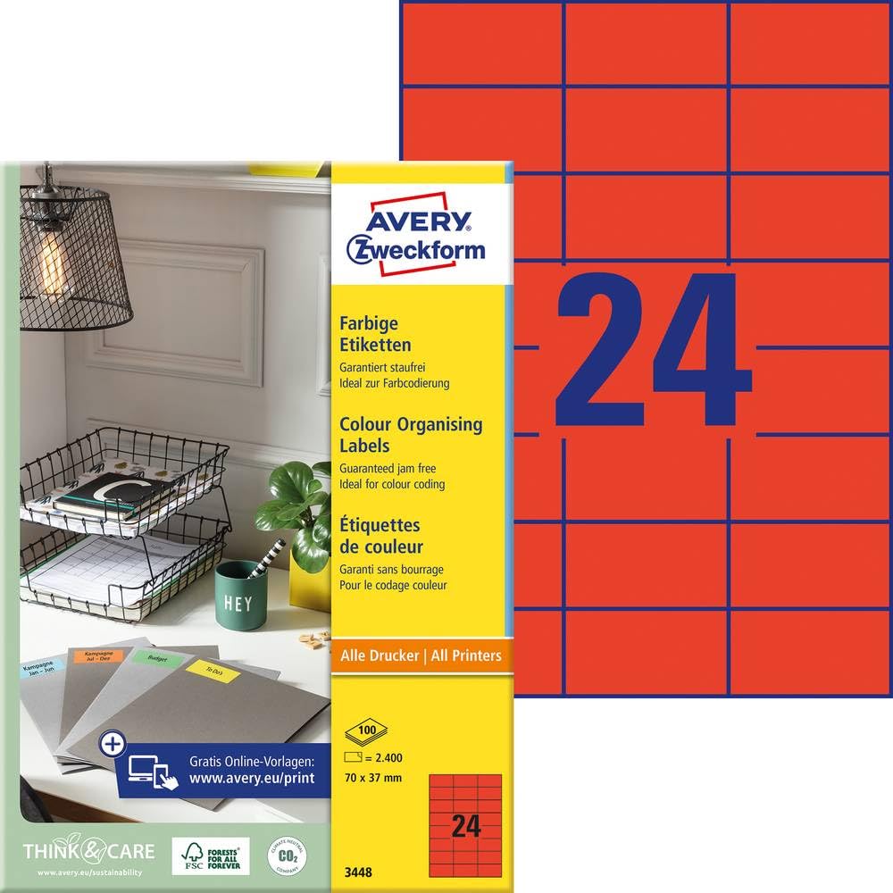 Avery Zweckform Universal Labels 70 x 37 mm for All A4 Printing red