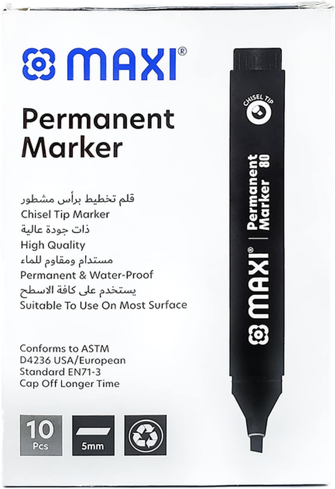 Permanent marker with Chisel tip 10pc Black. Suitable to use on most surfaces. Mark and write on any non-porous surface such as wood, glass, plastic, or cardboard.