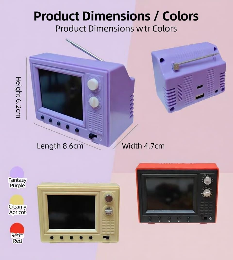 Mini Retro TV, Pixel Pocket Tiny TV, 2.4 Inch HD 480p with 8GB Storage, Support USB Upload Video, 180 Minutes of Battery Lifeg 1:12 Scale Classics for Dollhouse Miniature Scenes Gift1 (Yellow)