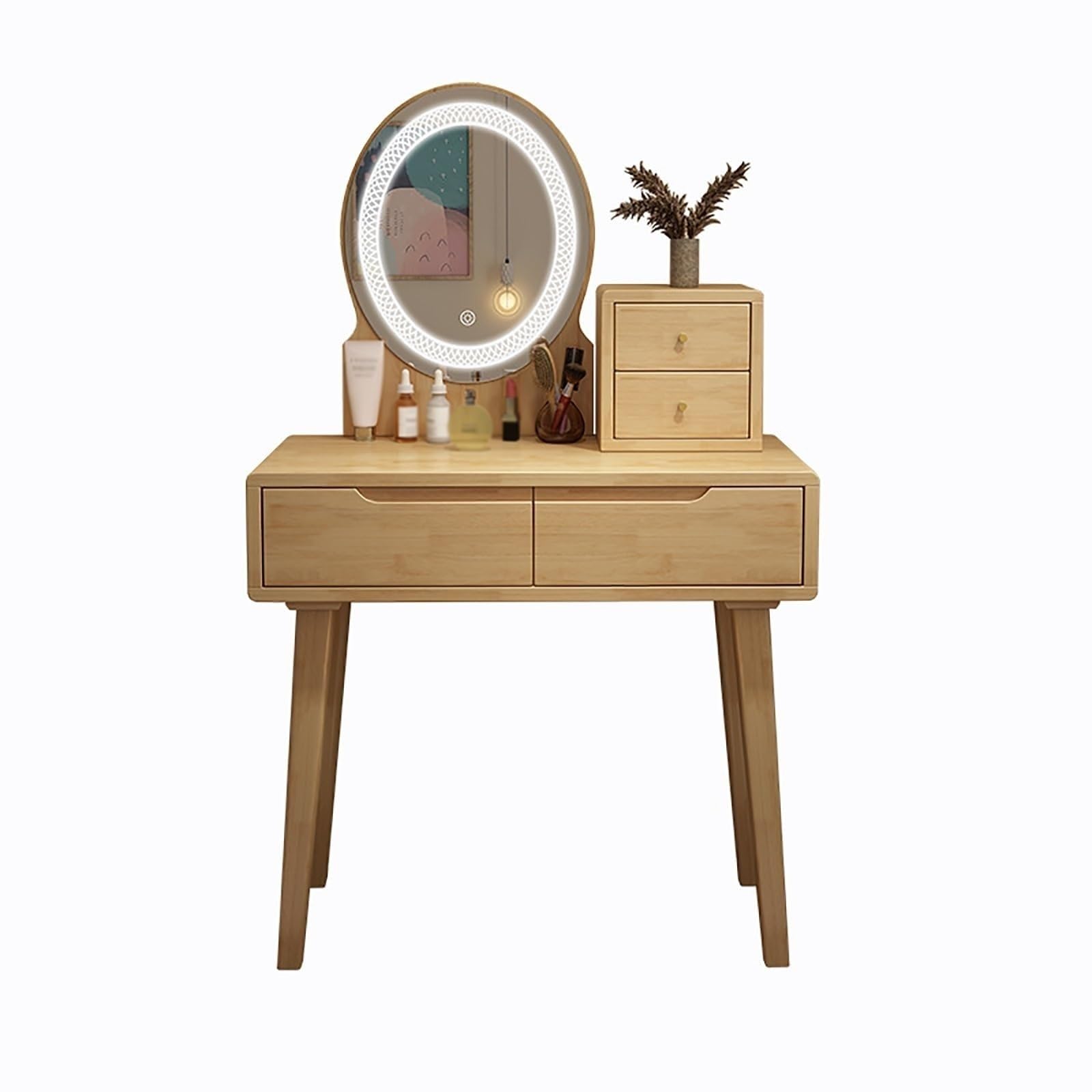 asdchZen Elegant Brown Wood Vanity Table Set With Mirror, Makeup Desk With Drawer For Small Spaces, Durable And Stylish Dressing Table For Apartments,Natural-80CM