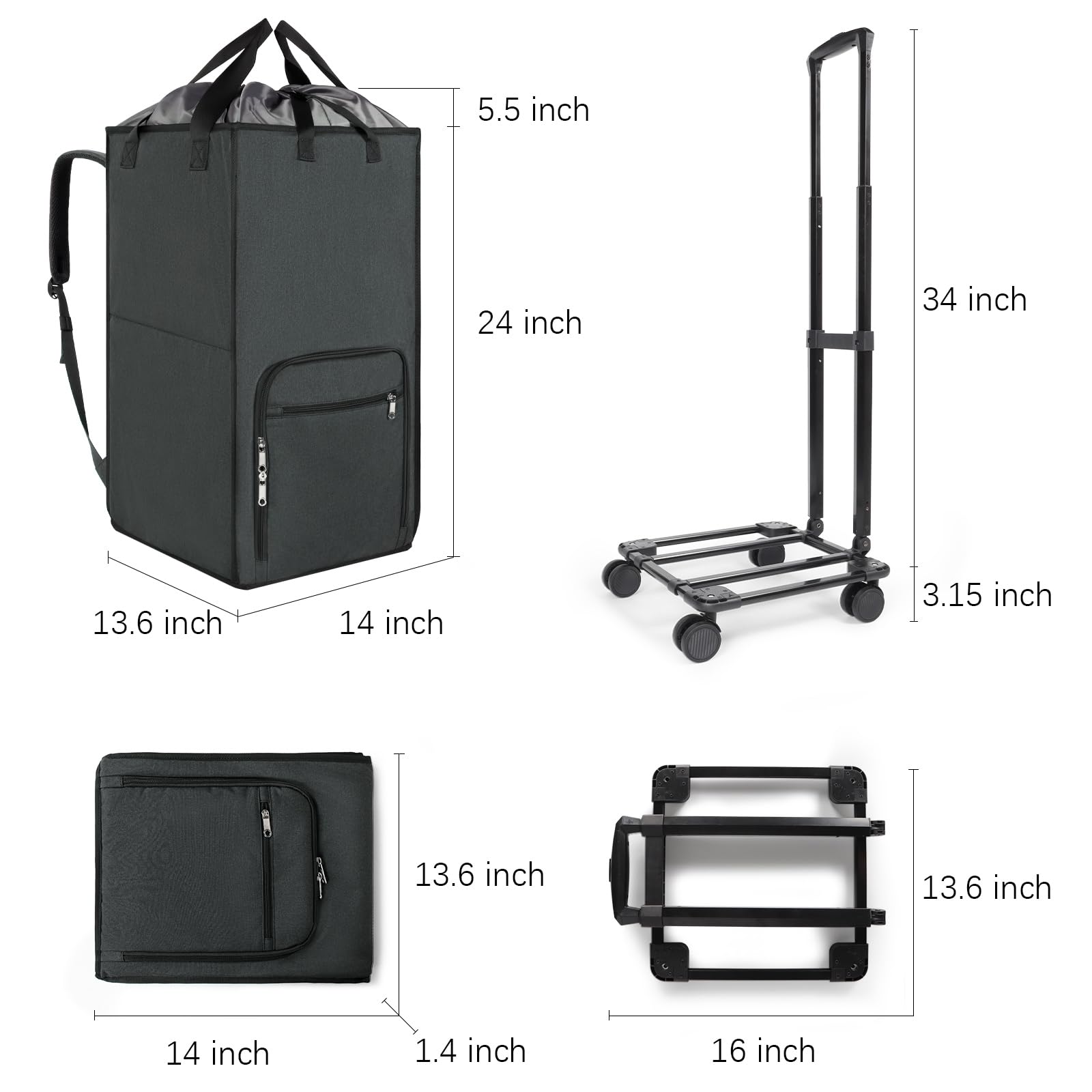 Bukere Zaino portabiancheria extra large 3 in 1 con ruote, cesto portabiancheria autoportante da 90 l, cesto portabiancheria pieghevole con carrello rimovibile per dormitorio universitario