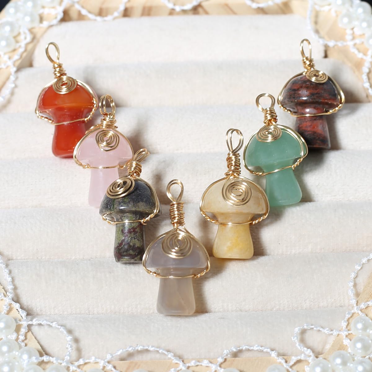 QSLLER 8PCS Natural Stone Charms Gold Color Winding Crystal Agate Mushroom Pendant DIY Necklace Earrings Jewelry Keychain Accessories Gift - Image 3