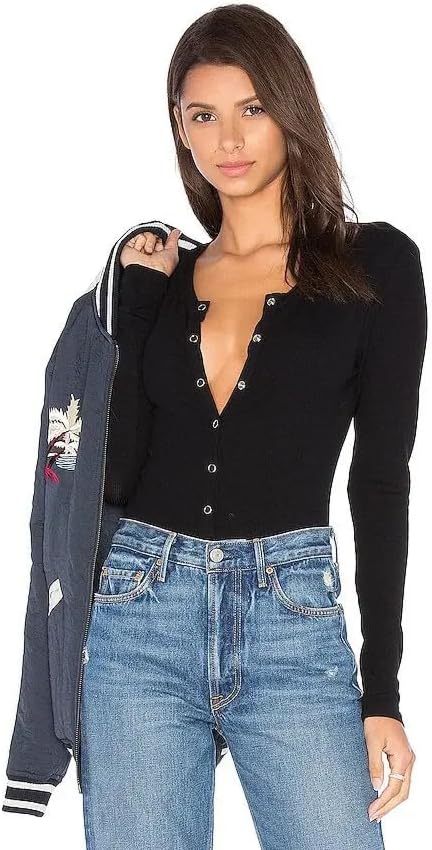 Women Henley Ribbed Long Sleeve Bodysuits Fitness Yoga Shirt Button Down Casual Tops - Image 3