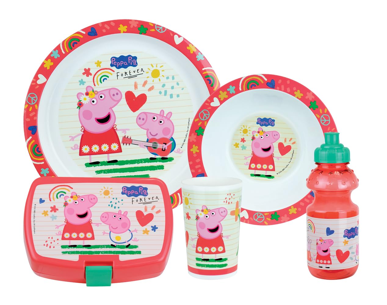 PEPPA PIG - Juego de vasos para niños con 1 asiento hueco, 16 cm de diámetro, 1 asiento de 22 cm de diámetro, 1 vaso de 220 ml, 1 cucharón de 350 ml y 1 recipiente para beber, recipiente reutilizable