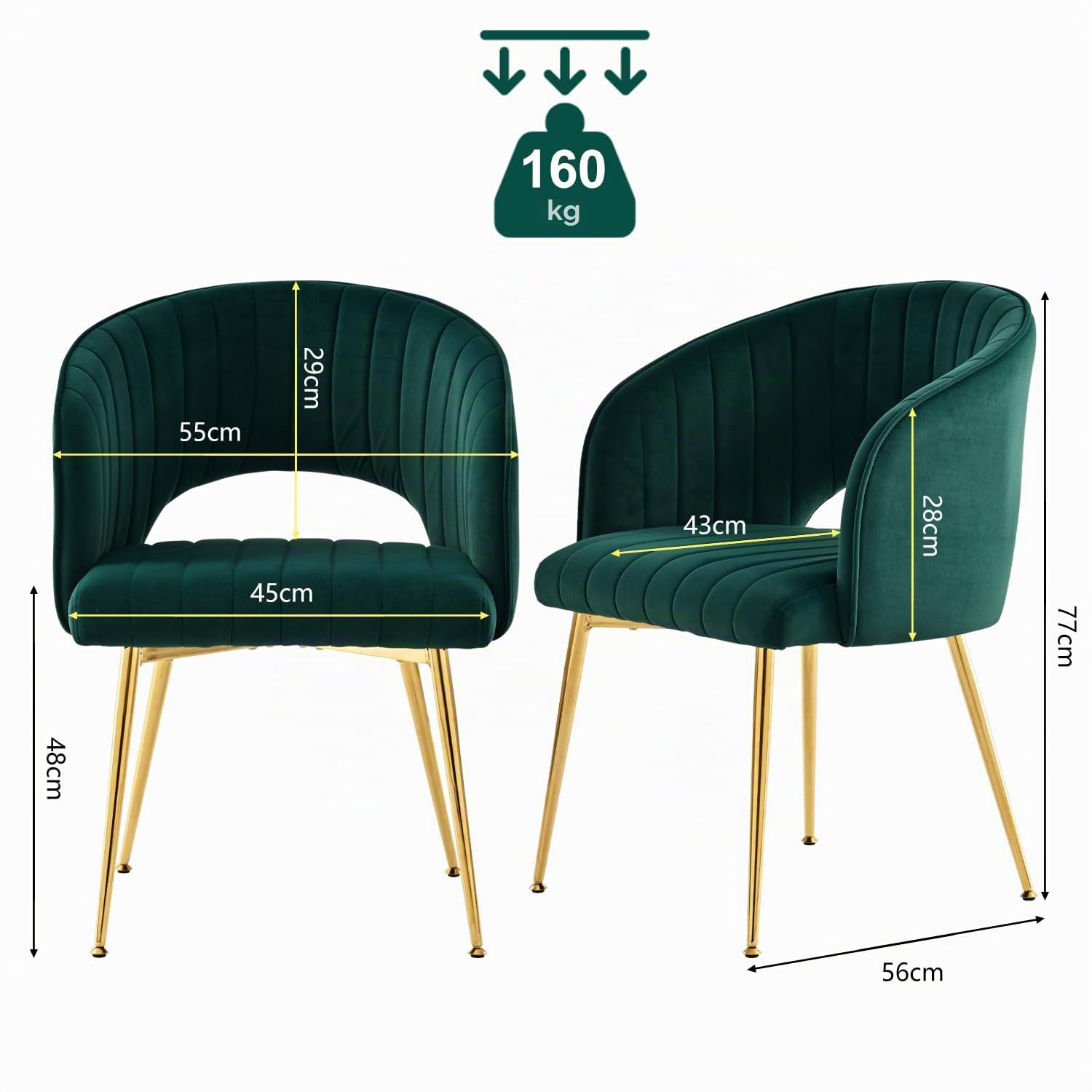 Juego de 2 sillas de comedor de terciopelo, sillas de mesa de comedor con reposabrazos, respaldo curvado, patas doradas, sillas de cocina, sillones para salón, dormitorio