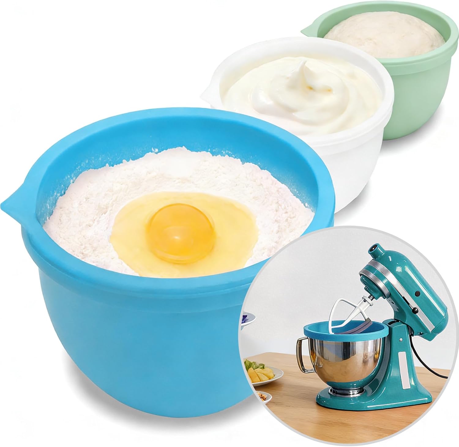 5 Qt Tilt-Head silicone liners for kitchenaid stand mixer, Silicone Bowl Liners with Lids, Kitchen Aid Accessories and Attachments for Baking and Cooking (3pcs Green+Blue+White)