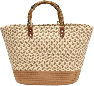 Woven Straw Beach Tote Bag with Bamboo Handle, Pattern, Jute Base