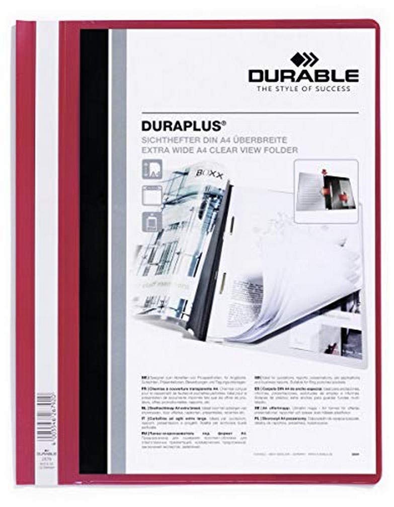 Durable 257903 - Cartellina ad Aghi Duraplus, Formato A4+, Fronte Trasparente e Retro Colorato, Rosso, Confezione da 25 Pezzi