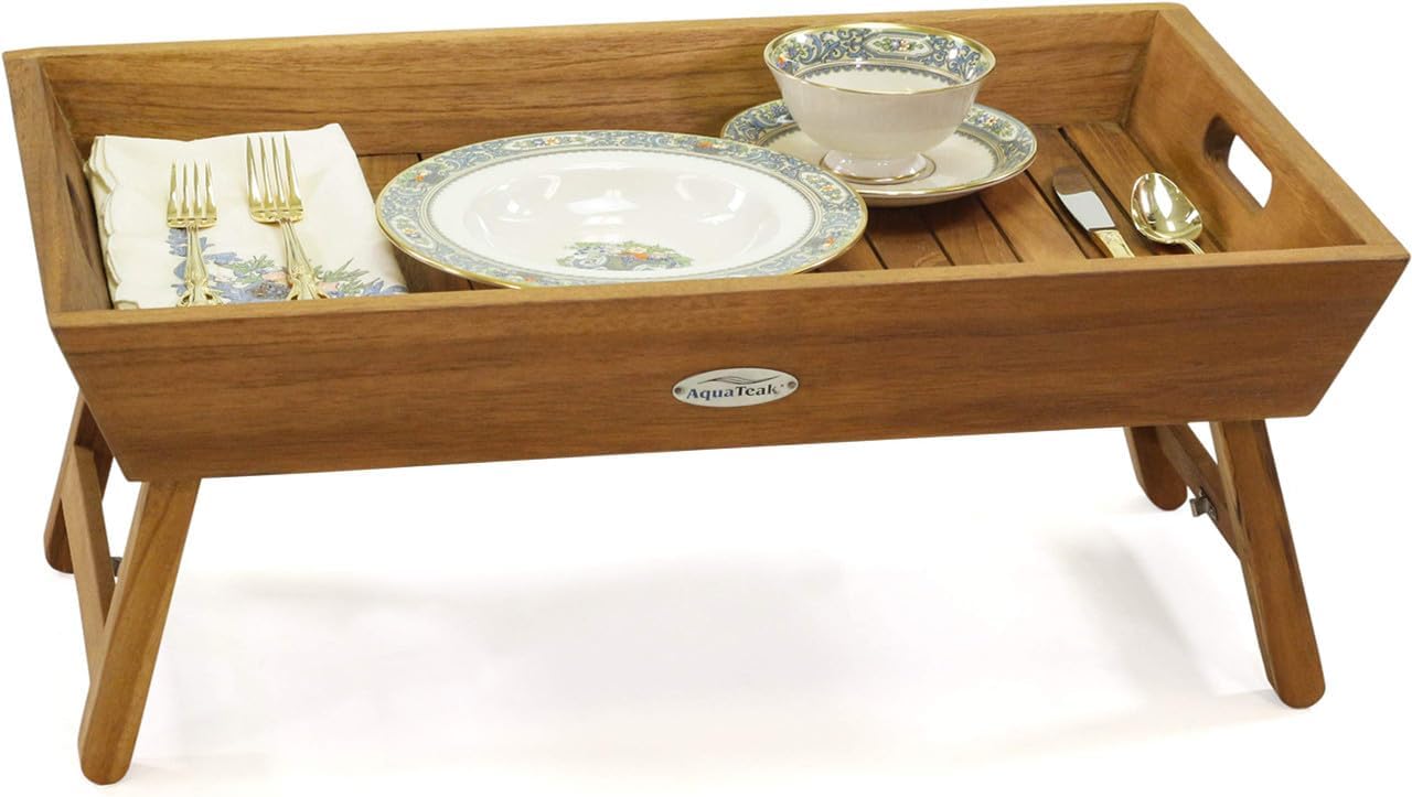 AquaTeak Manada™ Solid Teak Bed Serving Tray with Fold Out Legs