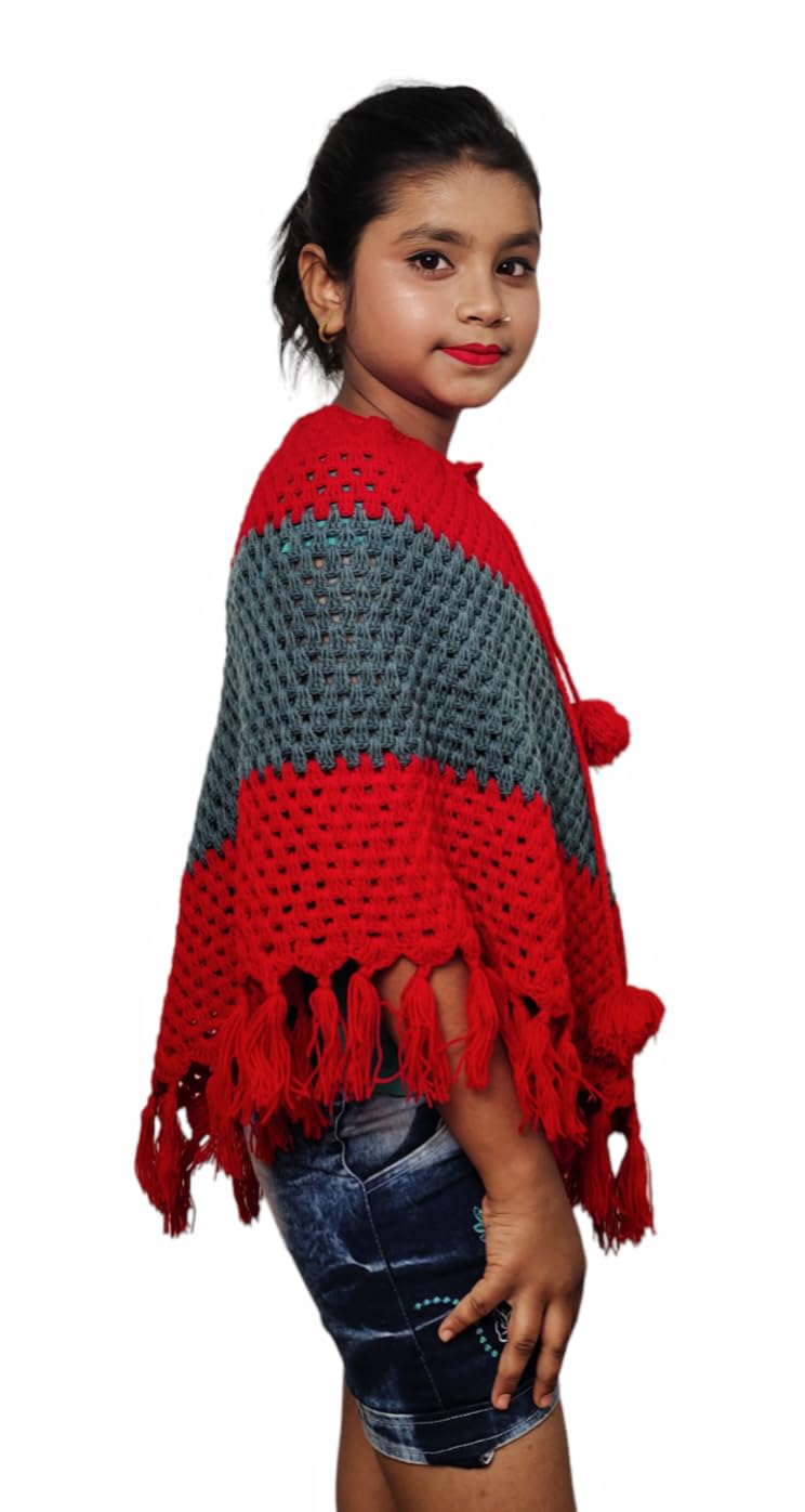 NILU CRAFT Girl Poncho Hand Knitted by Wool (13 to 14 Year, Grey and Red) - Image 4 thumbnail