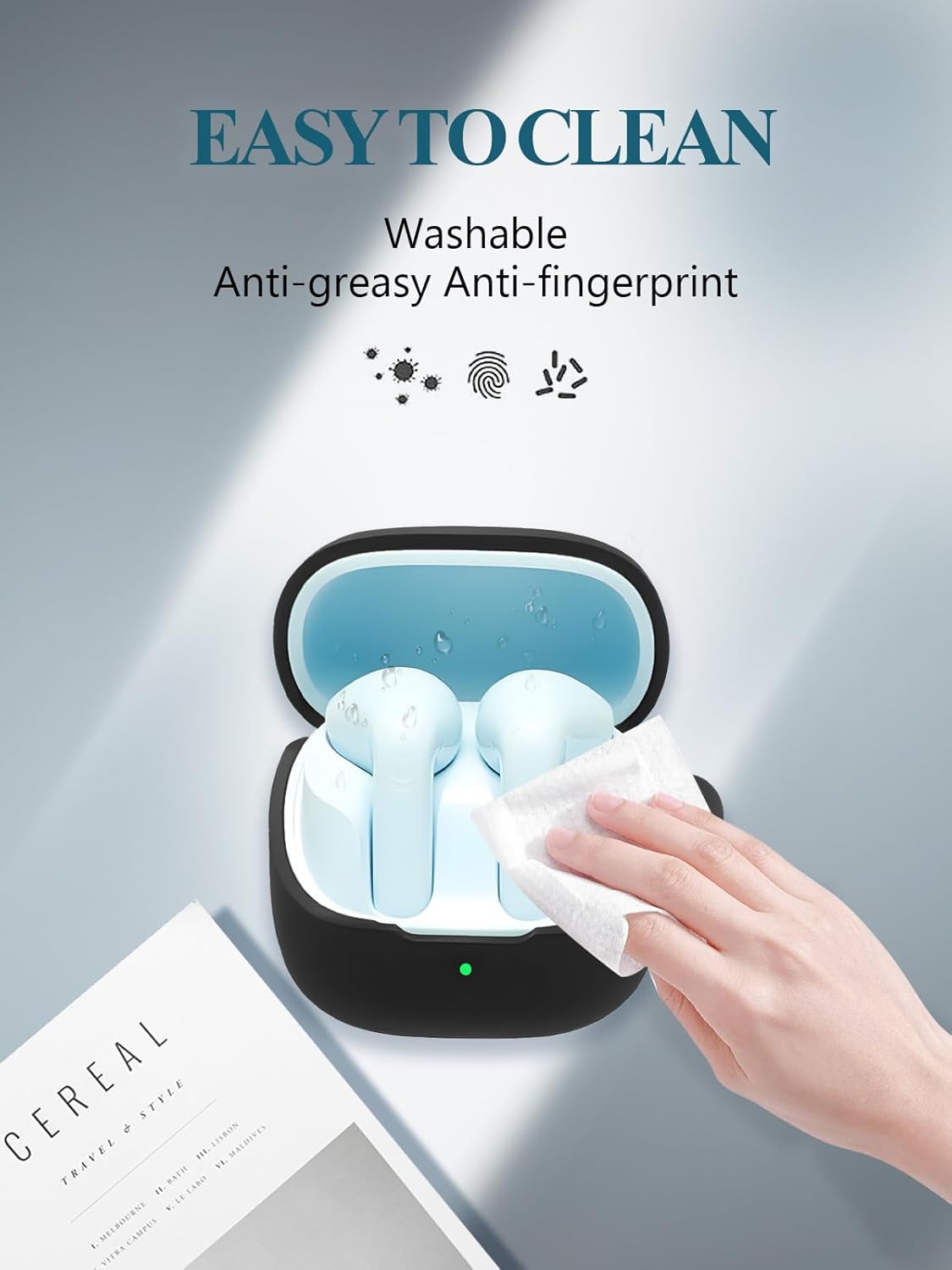 Case for Baseus BS1 Earbuds, WUNIAK Soft Silicone Protective Portable Scratch Shock Resistant Shell with Cleaner Kit & Carabiner & Lanyard ,Black - Image 8