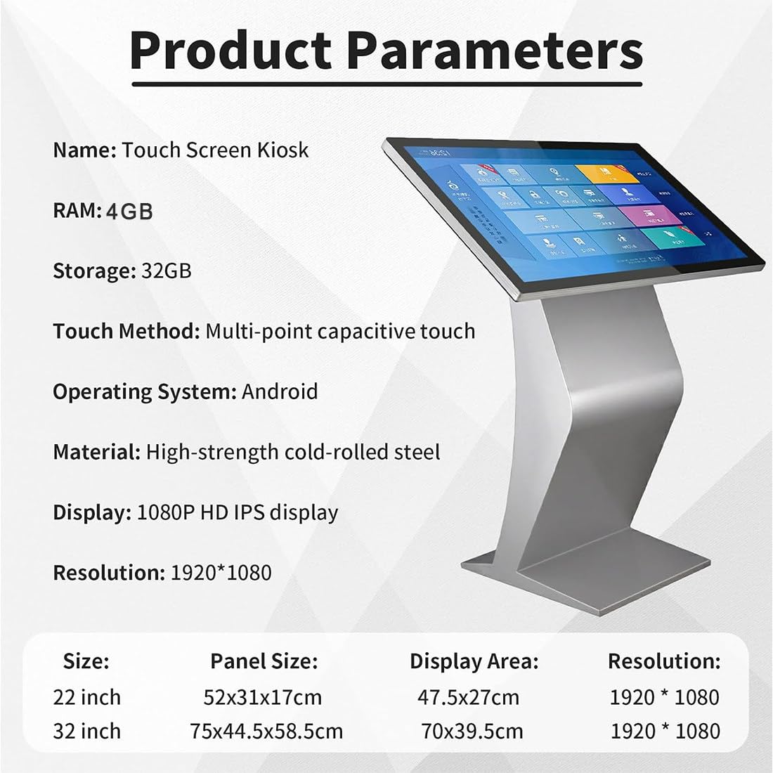 Quiosco De Autoservicio De Pie 21,5, 32 Y 43 Pulgadas con Pantalla Táctil; Pantalla De Señalización Digital FHD 1080p, 4 GB RAM + 32 GB, Operativo Android Y Terminal Integrado 21.5Inch