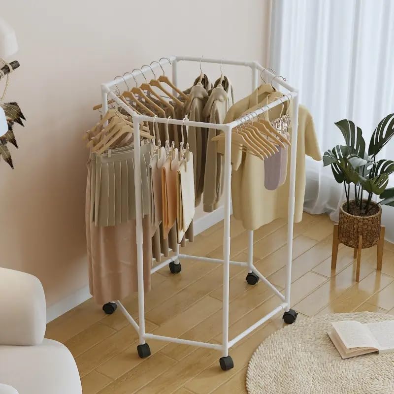 Image of Lukzer 360Rotating Hexagonal Clothes Drying Rack Double Layer Metal & Plastic Floor-Standing Coat Hanger with Wheels Freestanding Storage Organizer for Bedroom Balcony, Dorm, Living Room White CH-095