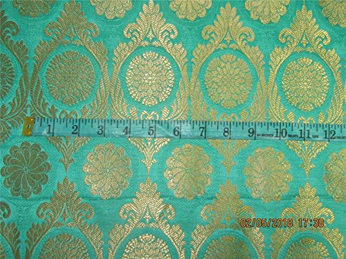 Soie brocade tissu vert doré métallique pour couture et ameublement - 2