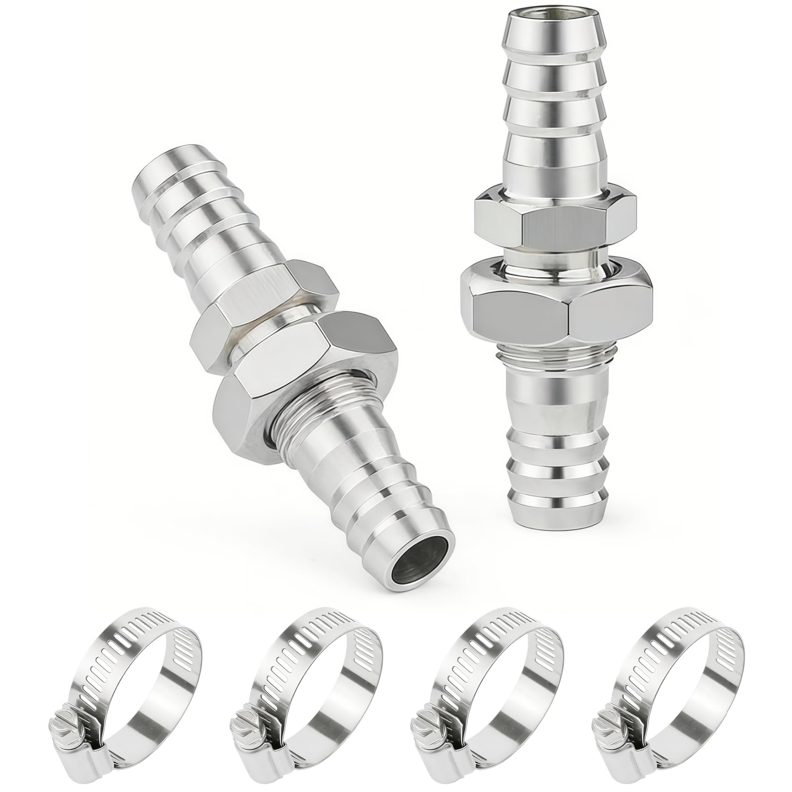 Lophtnix 2PCS 304 Stainless Steel Hose Barb Fitting Thru-Bulk Bulkhead Straight Hex Union 5/16" Barbed x 5/16" Barbed with 4PCS Hose Clamp ﻿