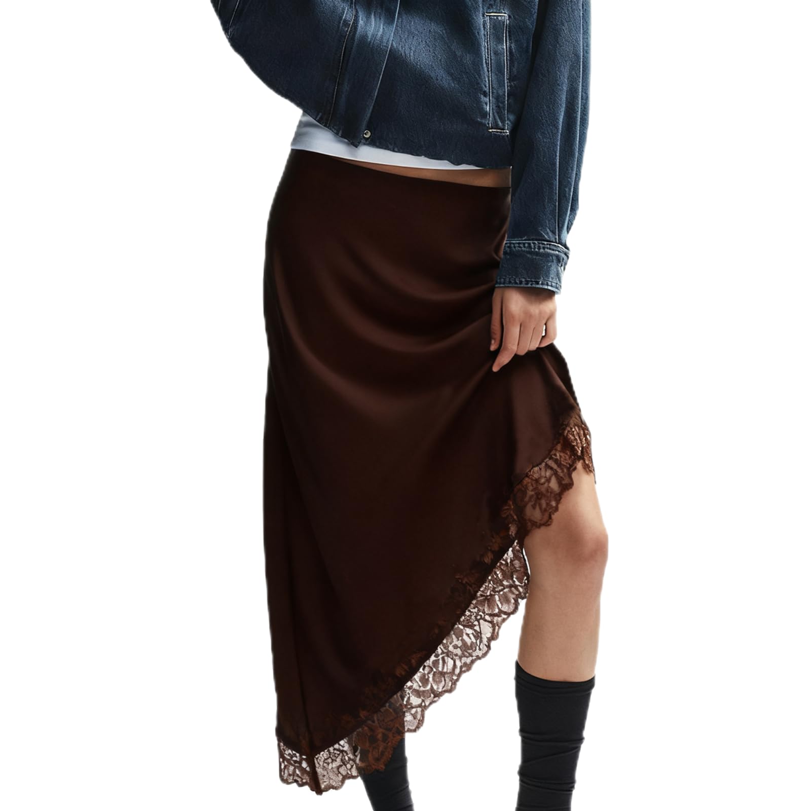 Women Satin Midi Skirt Low Waist Lace Trim Elegant Skirts Irregular Hem Flowy Skirt