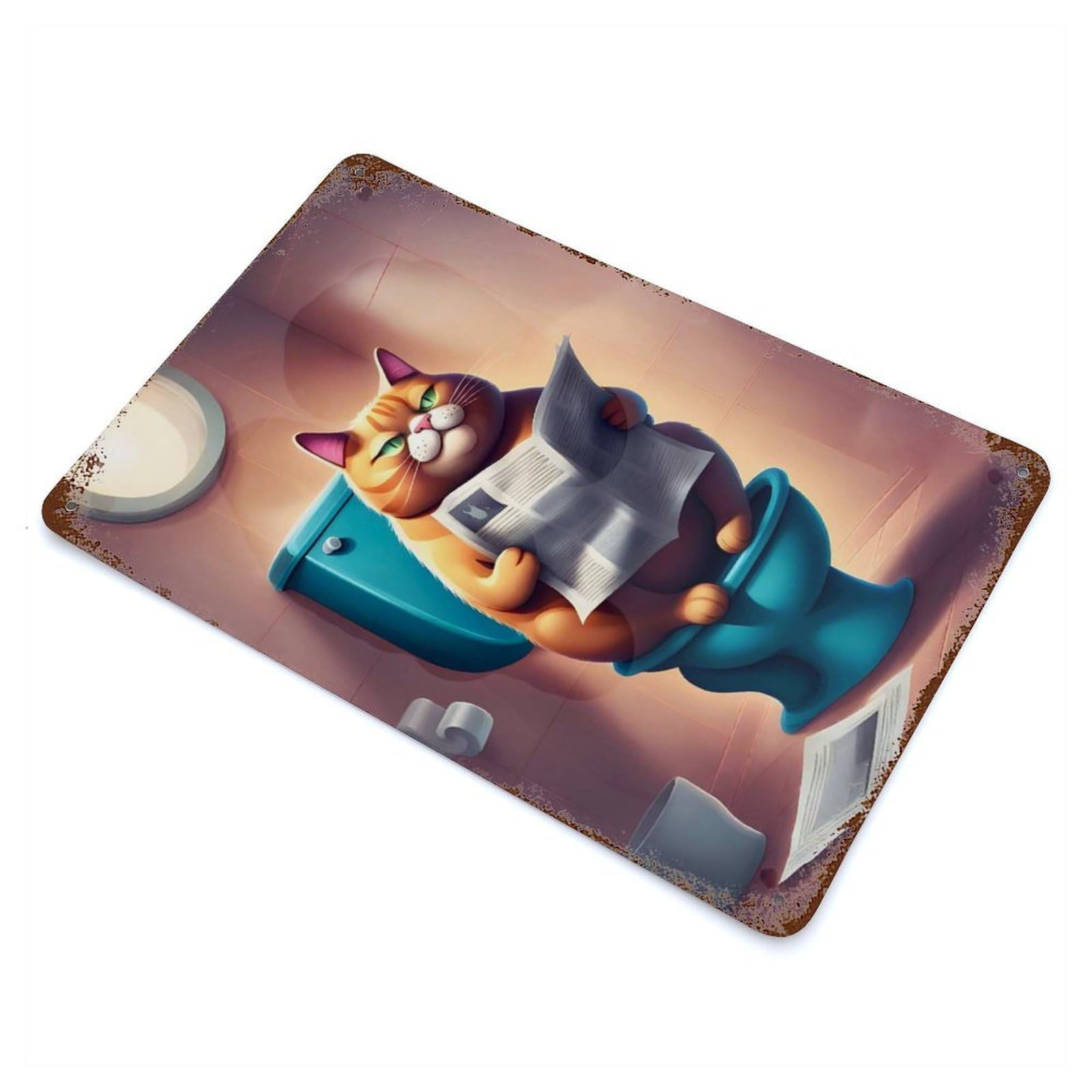 Fat Cat Toilet Newspaper Weathered Tin Sign 11.8"x7.9", Decorative Metal Wall Art for Garage, Bar And Workshop Decor