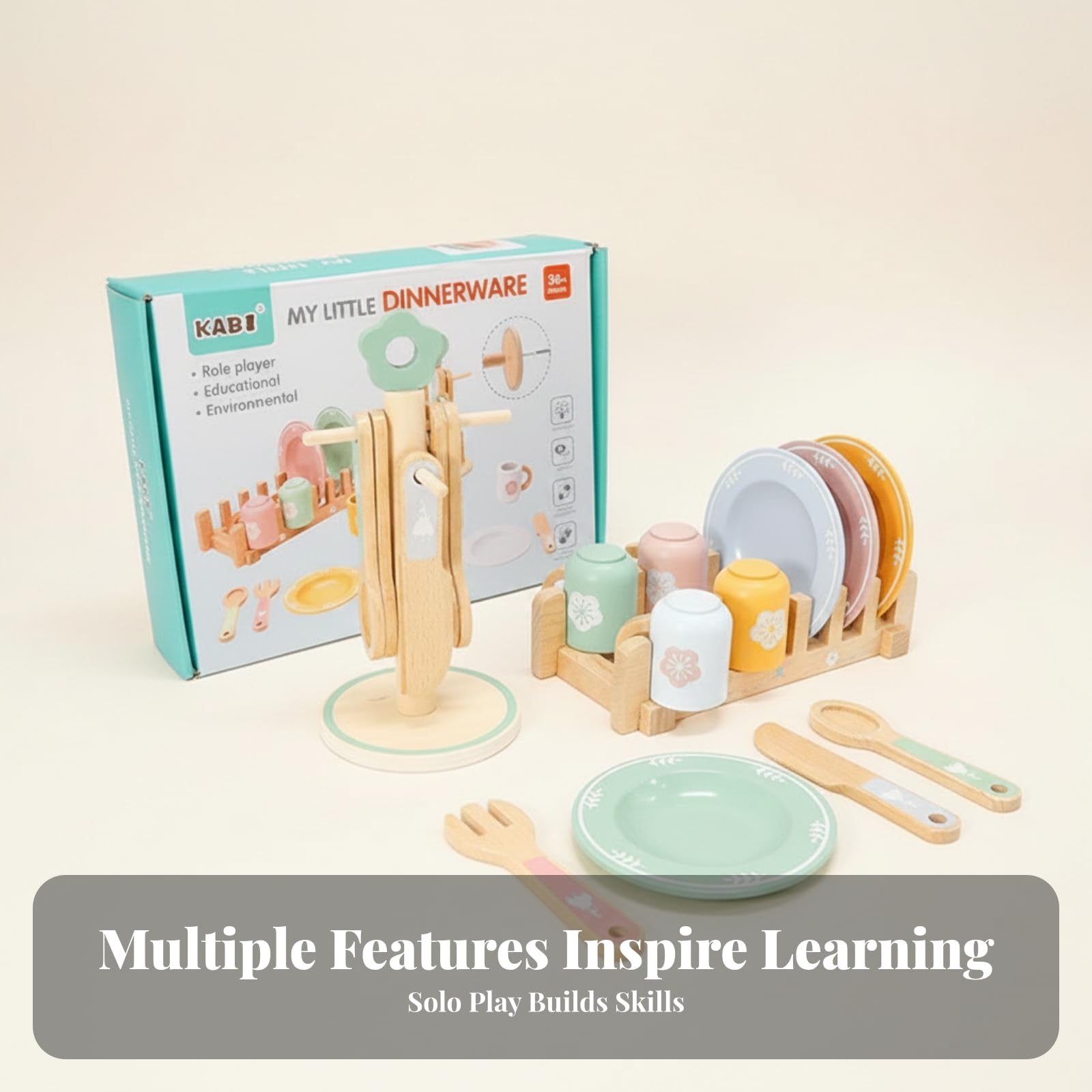 Set Cucina Giocattolo Bambini in Legno Servizio Piatti Bicchieri Posate con Rastrelliera E Supporto Materiale Faggio E Multistrato Adatto a Gioco Immaginazione Casa Aule Cameretta