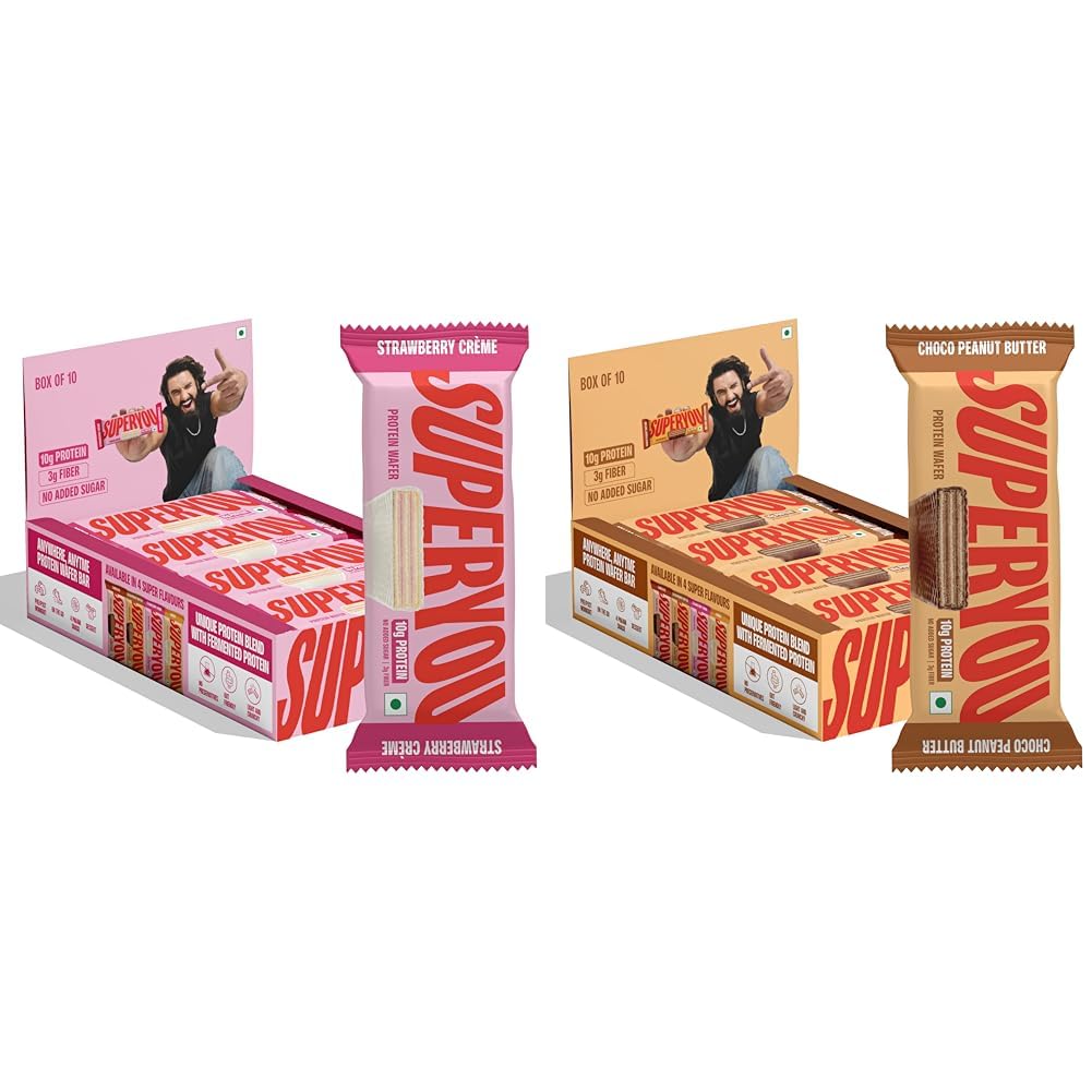 Superyou Strawberry & Choco Peanut Butter Protein Wafer Bars Combo. 10g Protein, 3g Fiber, No Added Sugar, Vegetarian, No Palm Oil. 400g each.-image-10
