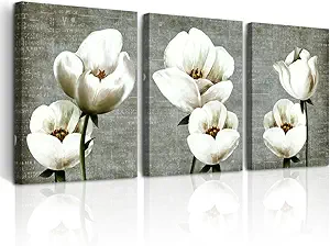 DZRWUBHS Modern Wall Decor - Canvas Wall Art for Living Room, Bedroom & Kitchen - Abstract Vintage Style White Flowers - 3 Piece Set