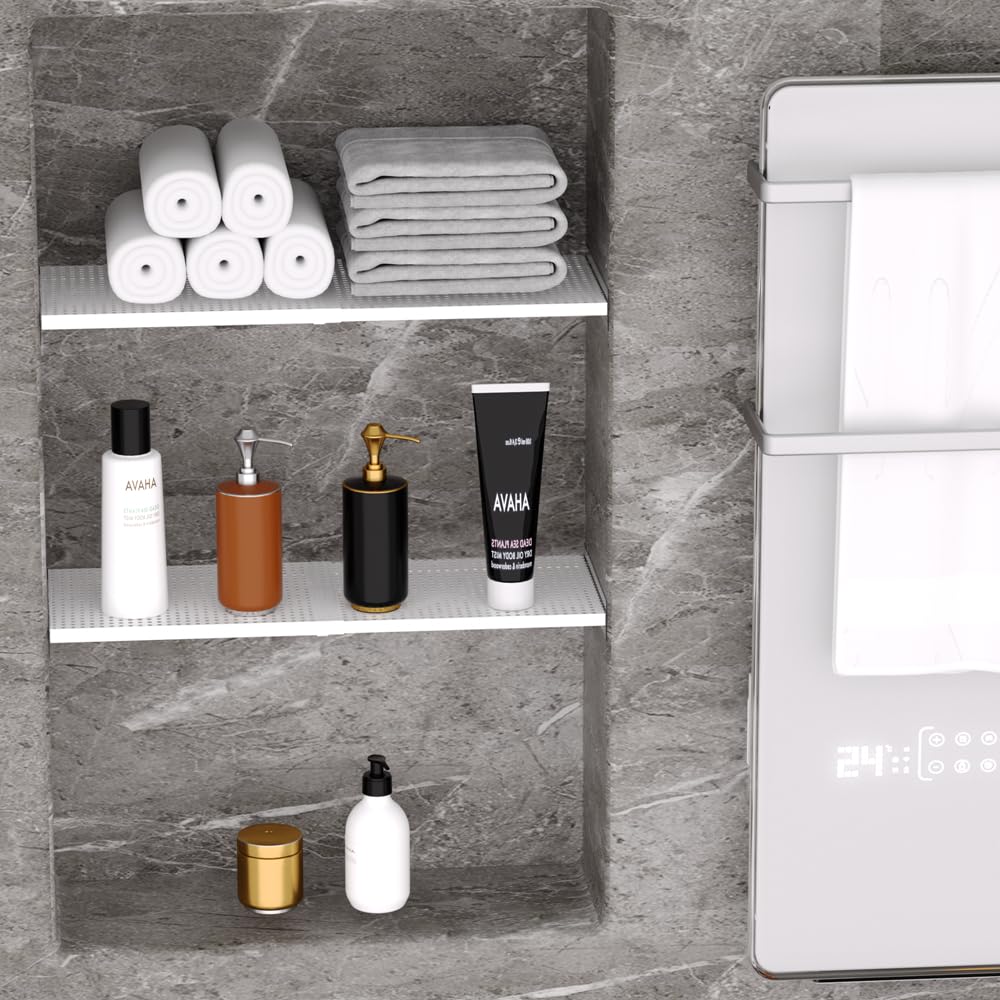 Slideep Adjustable Closet Storage Shelves with Seamless Sticker, Metal Expandable Wardrobe Shelves Organizer System for School Locker, Under Sink and Bathroom White (Large, 2Pack)