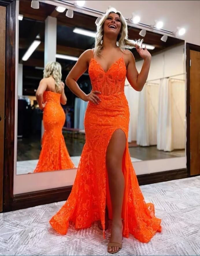 Image of RSOETOO Sparkly Sequin Prom Dresses 2026 with Slit Lace Mermaid Formal Evening Gowns for Women RON058