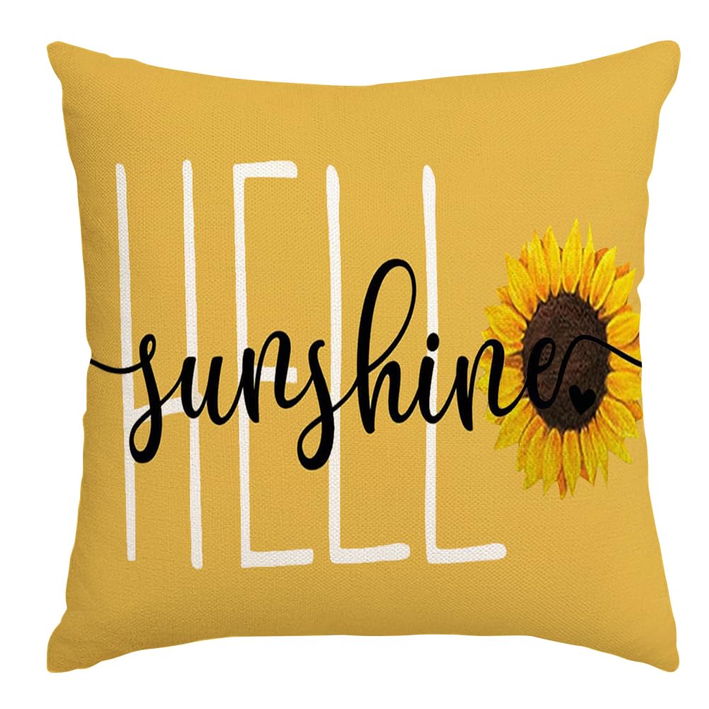 RABUSOFA Spring Summer Decorations Yellow Throw Pillow Covers for Couch,16x16 Pillows Decorative Throw Pillows,Hello Sunshine Square Cushion Case for