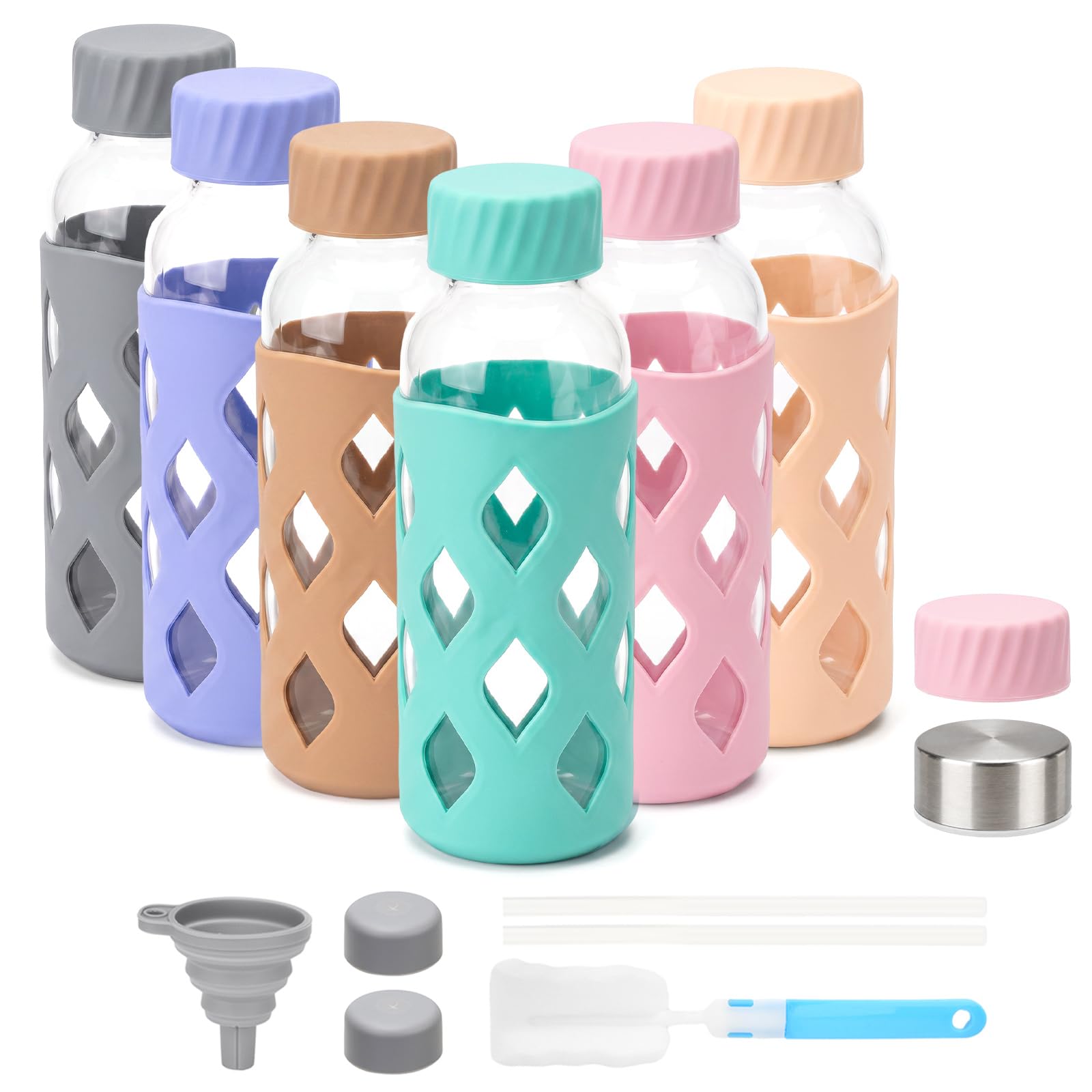 Zukro 16 oz Glass Water Bottles with Protective Silicone Sleeve Leak Proof