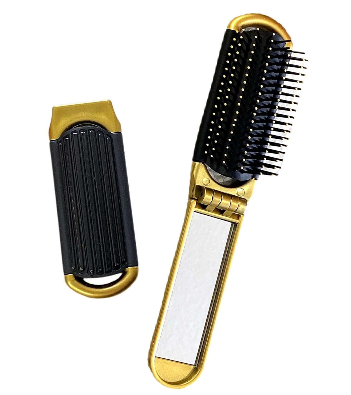 2 Gold ALAZCO Folding Hair Brush With Mirror Compact Pocket Size Travel Car Gym Bag Purse Locker Swimming Camping Sleepover Gift and more